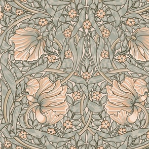 Pimpernel - LARGE - historic Antiqued damask by William Morris - peach sage  adaption pimpernell