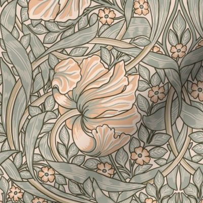 Pimpernel - MEDIUM - historic Antiqued damask by William Morris - peach sage  adaption pimpernell
