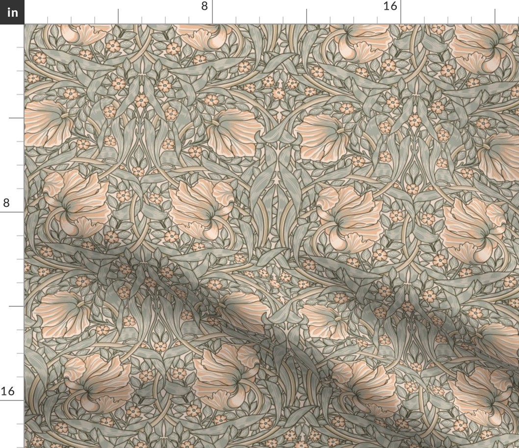 Pimpernel - SMALL - historic Antiqued damask by William Morris - peach sage  adaption pimpernell