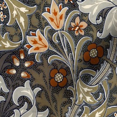 Golden Lily  by William Morris- LARGE -  Heritage Floral Art Noveau Antiqued Damask - grey 