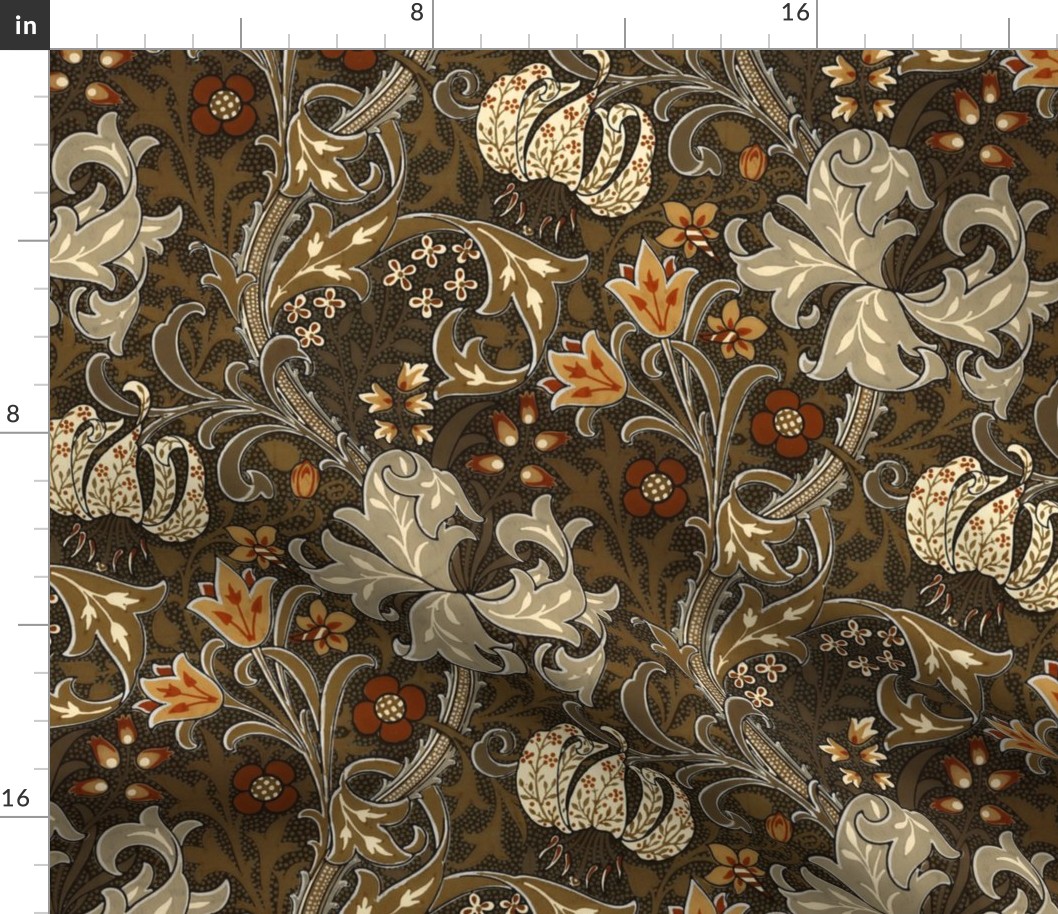 Golden Lily  by William Morris- SMALL -Antiqued Brown  Floral Art Noveau Damask 