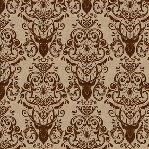 STAG PARTY DAMASK - BURNT UMBER SEPIA ON BURLAP 