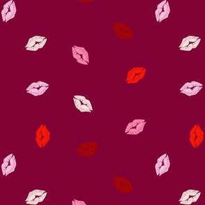 Small Kissing Lips Tossed Kiss in Pink on Burgundy