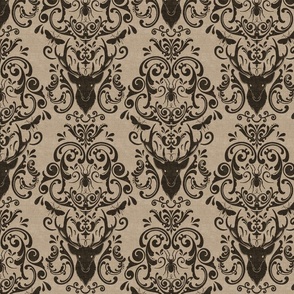 STAG PARTY DAMASK - DARK SEPIA ON BURLAP 