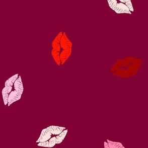Kissing Lips Tossed Kiss in Pink on Burgundy