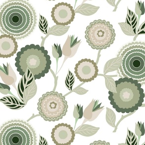 Cream Green Abstract Floral 1960s