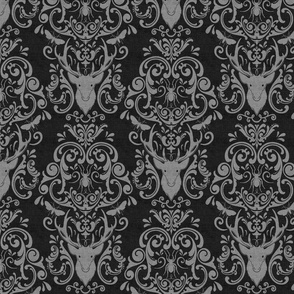 STAG PARTY DAMASK -  LIGHT GRAY AND CHARCOAL GRAY ON BURLAP, LARGE SCALE