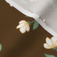 White and Goldenrod Yellow Spot on Chocolate Brown, Tropical Floral Oasis, medium