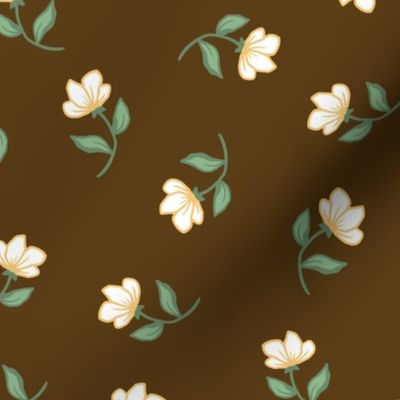 White and Goldenrod Yellow Spot on Chocolate Brown, Tropical Floral Oasis, medium