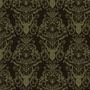 STAG PARTY DAMASK - GREEN ON DARK BROWN BURLAP