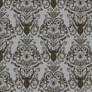STAG PARTY DAMASK - BROWN ON GRAY BURLAP