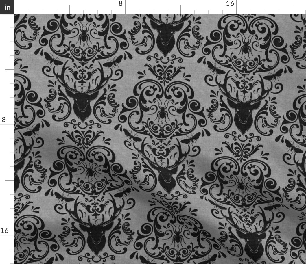 STAG PARTY DAMASK - BLACK ON GRAY BURLAP