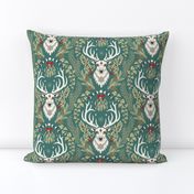 Retro Christmas deer with moon phases, mistletoe, ivy, pine cones and berries - light olive and poppy red on dark teal - medium