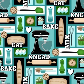 Kitchen Baking Geometric Pattern // Turquoise Blue, Green, Brown, Beige, Black and White  // Mix, Knead, Bake, Eat Typography // Caribbean Blue Background