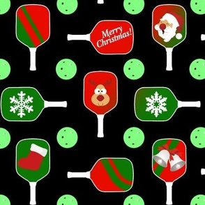 Christmas Pickleball Paddles and Festive Mint Green Pickleball Balls on Black