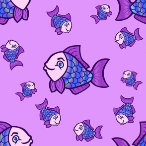 Purple and Blue Cute Fish Pattern on Purple Background