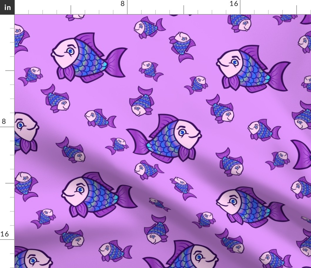 Purple and Blue Cute Fish Pattern on Purple Background