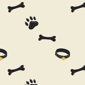 Dogs collar, bone treats and paw prints