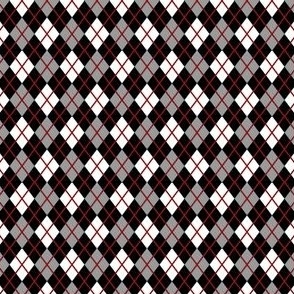 Small Scale - Argyle - various shades of black, white (unprinted), gray and red diagonal lines