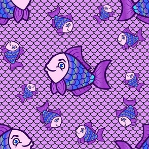 Purple and Blue Cute Fish Pattern on Purple Mermaid Scale Background