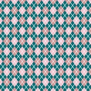 Small Scale - Argyle - Teal light and dark pink with white diagonal lines