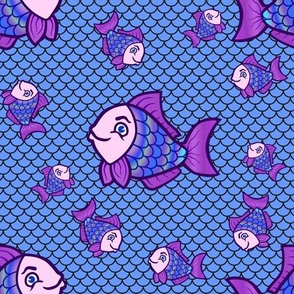 Purple and Blue Cute Fish Pattern on Blue Mermaid Scale Background