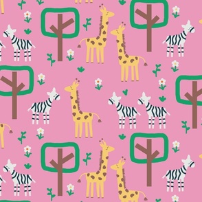 Giraffe and Zebra Friends At The Safari Park with Trees and Flowers on Pink Ground