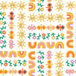 Happy Suns Butterflies Flowers and Rainbows on White in Grid Pattern Medium Scale