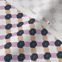 Geometric chain link consisting of ellipses and hexagons in Navy Blue, Muted Peach, Muted Pink and Bone on a white (unprinted) background