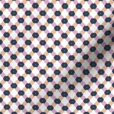 Geometric chain link consisting of ellipses and hexagons in Navy Blue, Muted Peach, Muted Pink and Bone on a white (unprinted) background