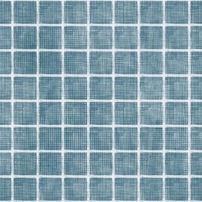 medium scale gouache grid - white on blue linen