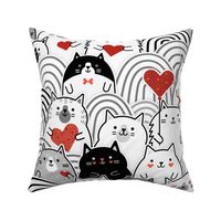 Cat of Hearts- Valentine's Day Crowd of Cats- Cat Love- Black and White- Poppy Red- Monochromatic- Valentine Cats Love- Large