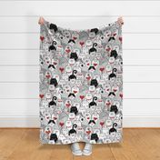 Cat of Hearts- Valentine's Day Crowd of Cats- Cat Love- Black and White- Poppy Red- Monochromatic- Valentine Cats Love- Large