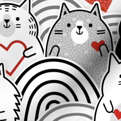 Cat of Hearts- Valentine's Day Crowd of Cats- Cat Love- Black and White- Poppy Red- Monochromatic- Valentine Cats Love- Large