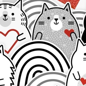 Cat of Hearts- Valentine's Day Crowd of Cats- Cat Love- Black and White- Poppy Red- Monochromatic- Valentine Cats Love- Large