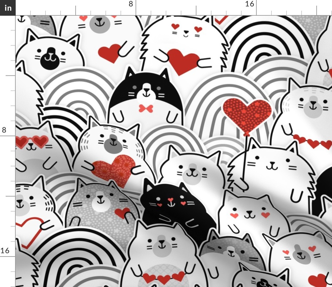 Cat of Hearts- Valentine's Day Crowd of Cats- Cat Love- Black and White- Poppy Red- Monochromatic- Valentine Cats Love- Large