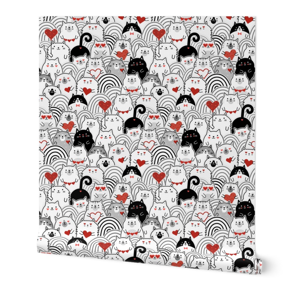 Cat of Hearts- Valentine's Day Crowd of Cats- Cat Love- Black and White- Poppy Red- Monochromatic- Valentine Cats Love- Medium