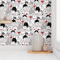Cat of Hearts- Valentine's Day Crowd of Cats- Cat Love- Black and White- Poppy Red- Monochromatic- Valentine Cats Love- Medium