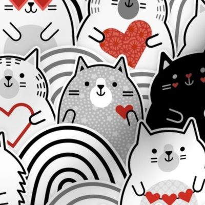 Cat of Hearts- Valentine's Day Crowd of Cats- Cat Love- Black and White- Poppy Red- Monochromatic- Valentine Cats Love- Medium