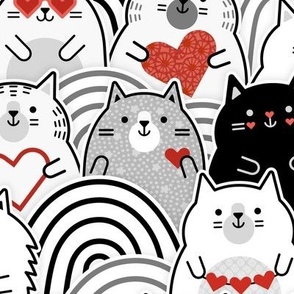 Cat of Hearts- Valentine's Day Crowd of Cats- Cat Love- Black and White- Poppy Red- Monochromatic- Valentine Cats Love- Medium