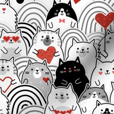 Cat of Hearts- Valentine's Day Crowd of Cats- Cat Love- Black and White- Poppy Red- Monochromatic- Valentine Cats Love- Small