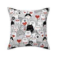 Cat of Hearts- Valentine's Day Crowd of Cats- Cat Love- Black and White- Poppy Red- Monochromatic- Valentine Cats Love- Small