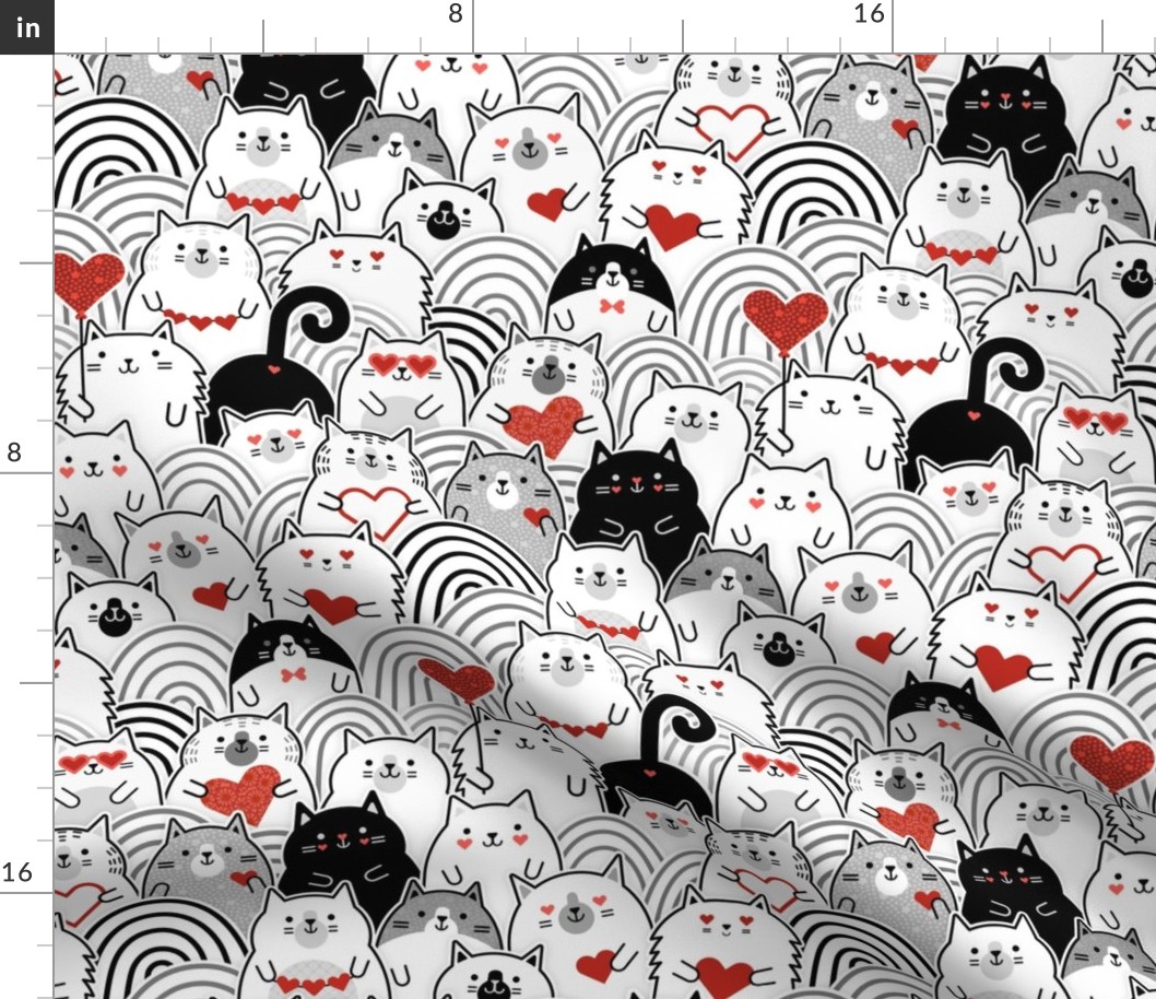 Cat of Hearts- Valentine's Day Crowd of Cats- Cat Love- Black and White- Poppy Red- Monochromatic- Valentine Cats Love- Small