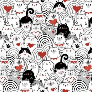 Cat of Hearts- Valentine's Day Crowd of Cats- Cat Love- Black and White- Poppy Red- Monochromatic- Valentine Cats Love- Mini
