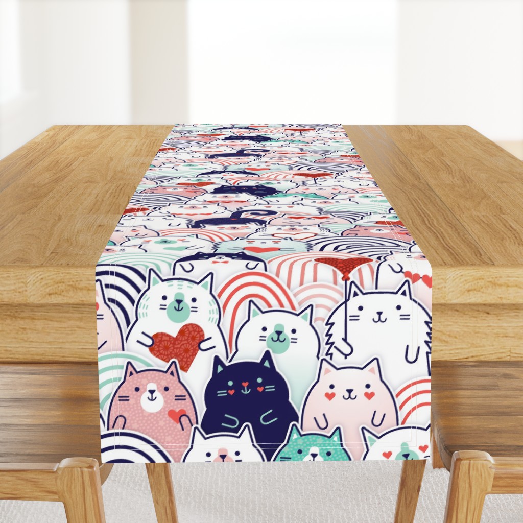 Cat of Hearts- Valentine's Day Crowd of Cats- Cat Love- Mint and Coral- Indigo Blue- Navy Blue- Poppy Red- Pink- Large