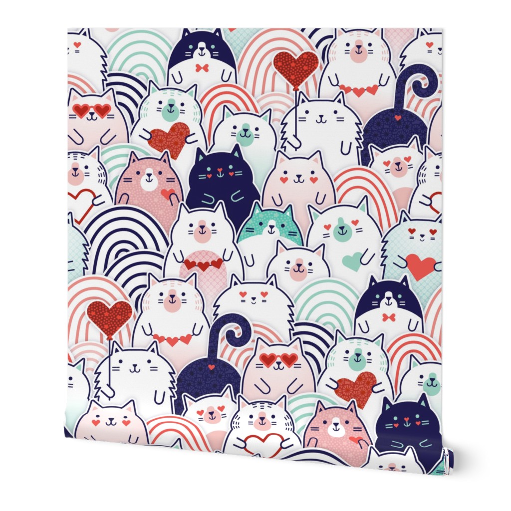 Cat of Hearts- Valentine's Day Crowd of Cats- Cat Love- Mint and Coral- Indigo Blue- Navy Blue- Poppy Red- Pink- Large