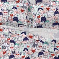 Cat of Hearts- Valentine's Day Crowd of Cats- Cat Love- Mint and Coral- Indigo Blue- Navy Blue- Poppy Red- Pink- Large