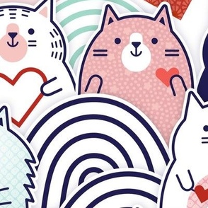 Cat of Hearts- Valentine's Day Crowd of Cats- Cat Love- Mint and Coral- Indigo Blue- Navy Blue- Poppy Red- Pink- Large
