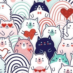 Cat of Hearts- Valentine's Day Crowd of Cats- Cat Love-- Mint and Coral- Indigo Blue- Navy Blue- Poppy Red- Pink- Small