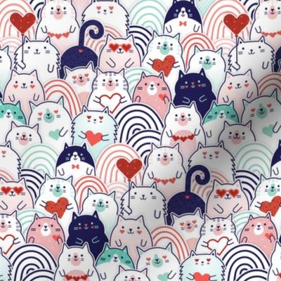 Cat of Hearts- Valentine's Day Crowd of Cats- Cat Love- Mint and Coral- Indigo Blue- Navy Blue- Poppy Red- Pink - Mini